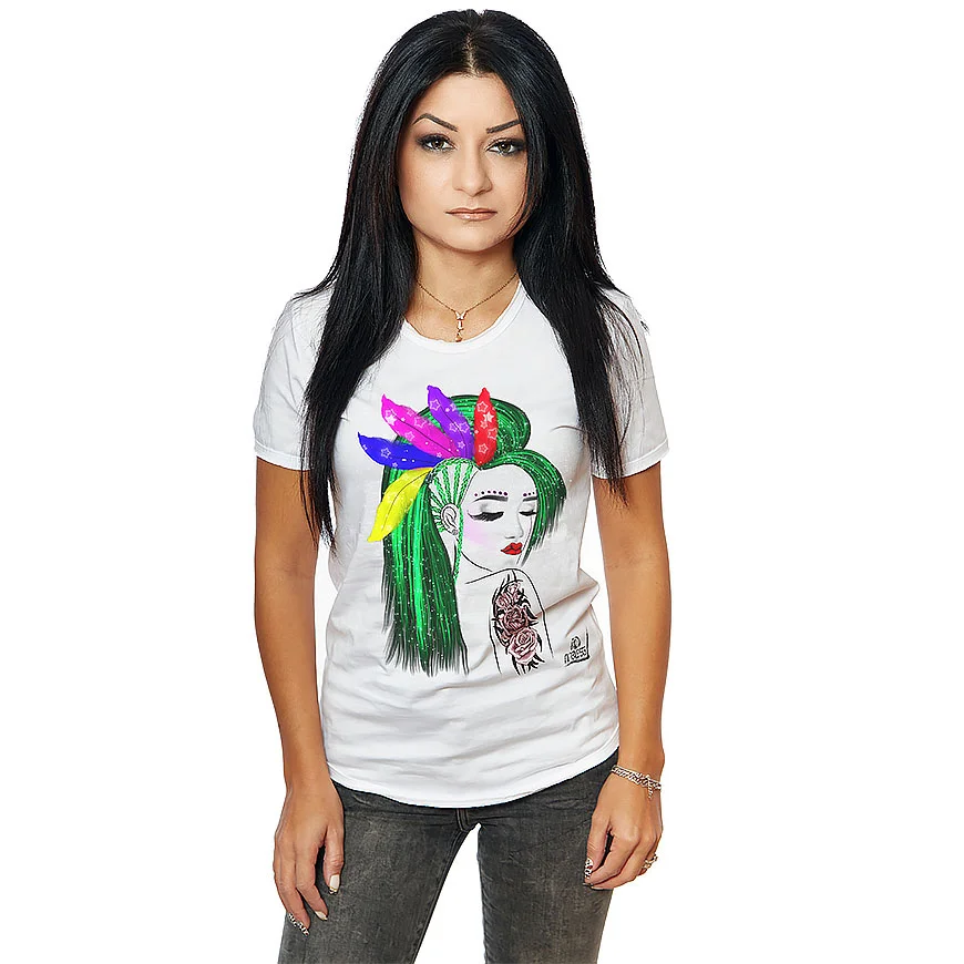 Tricou Green Hair Girl With Feathers